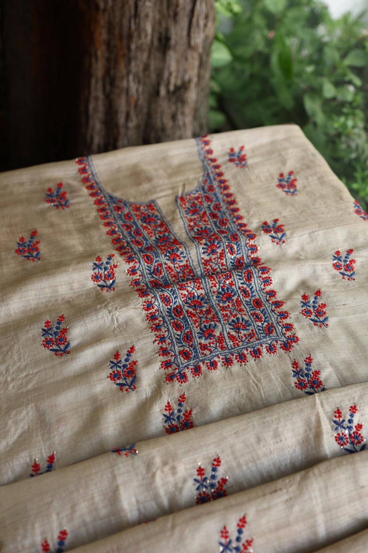 Natural Beige Tussar Silk Chikankari Unstitched Kurta Dupatta Set