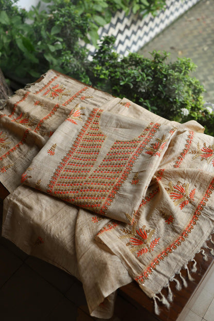 Natural Beige Tussar Silk Chikankari Unstitched Kurta Dupatta Set