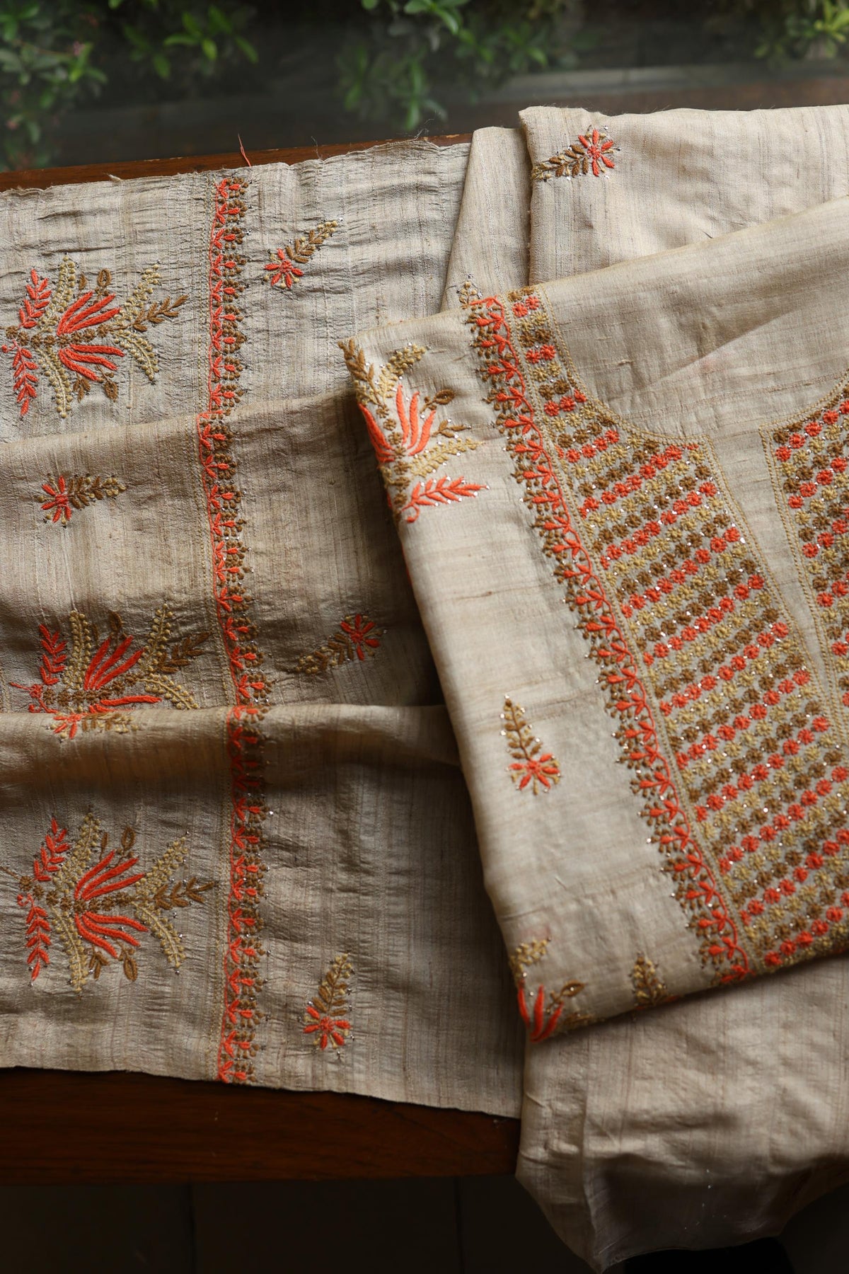 Natural Beige Tussar Silk Chikankari Unstitched Kurta Dupatta Set