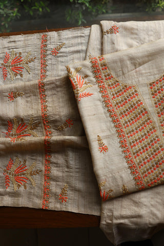 Natural Beige Tussar Silk Chikankari Unstitched Kurta Dupatta Set