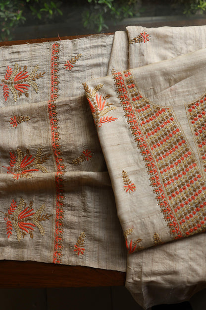 Natural Beige Tussar Silk Chikankari Unstitched Kurta Dupatta Set