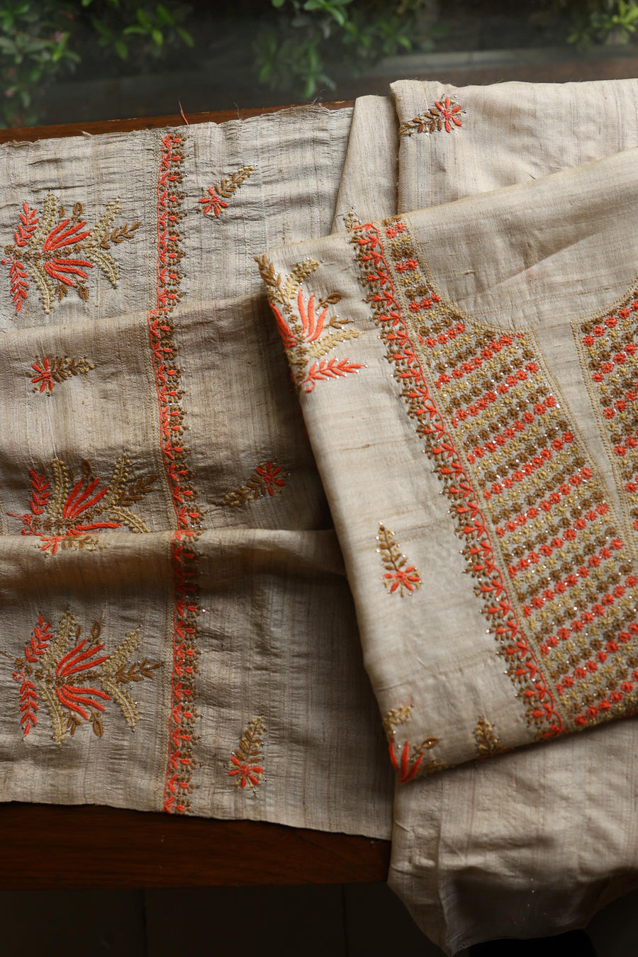 Natural Beige Tussar Silk Chikankari Unstitched Kurta Dupatta Set