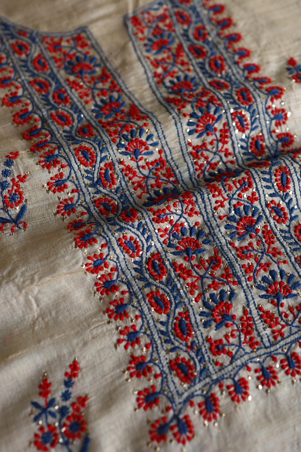 Natural Beige Tussar Silk Chikankari Unstitched Kurta Dupatta Set