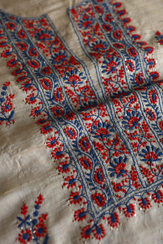 Natural Beige Tussar Silk Chikankari Unstitched Kurta Dupatta Set