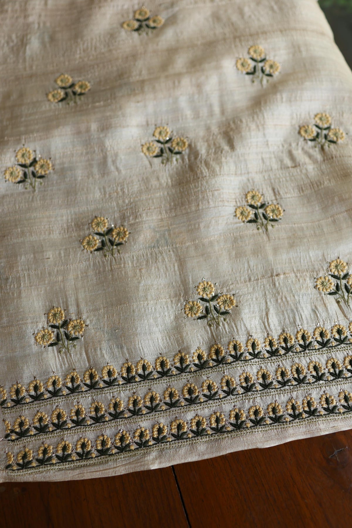 Natural Beige Tussar Silk Chikankari Unstitched Kurta Dupatta Set