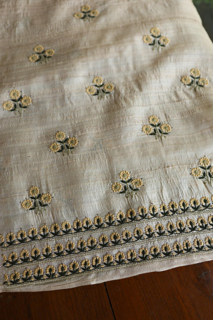 Natural Beige Tussar Silk Chikankari Unstitched Kurta Dupatta Set
