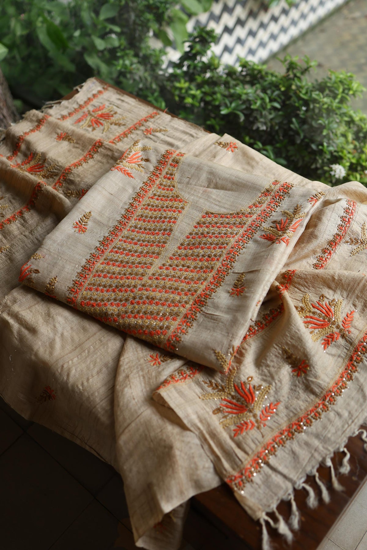 Natural Beige Tussar Silk Chikankari Unstitched Kurta Dupatta Set