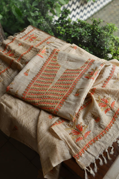 Natural Beige Tussar Silk Chikankari Unstitched Kurta Dupatta Set