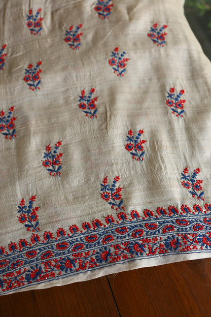 Natural Beige Tussar Silk Chikankari Unstitched Kurta Dupatta Set