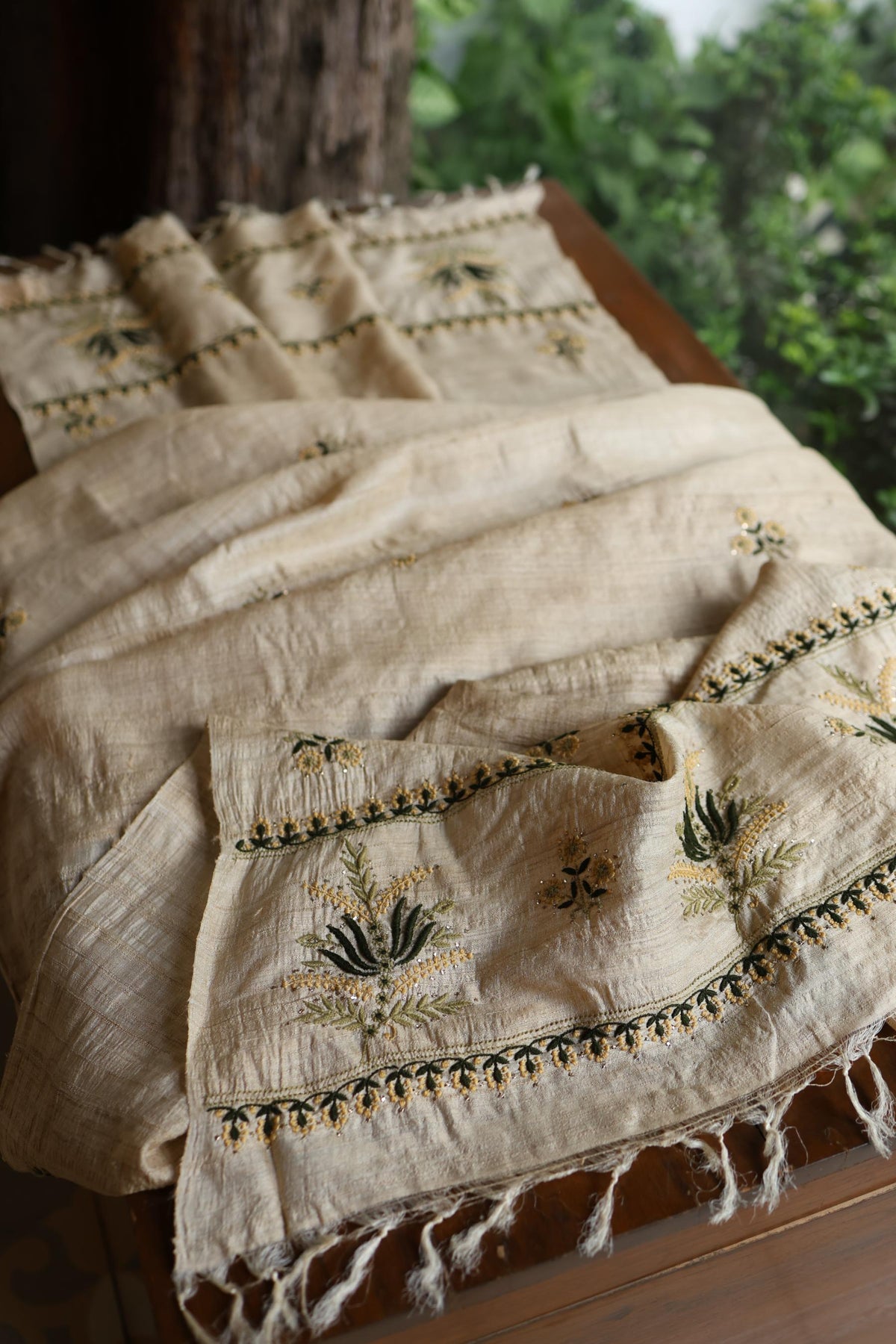 Natural Beige Tussar Silk Chikankari Unstitched Kurta Dupatta Set