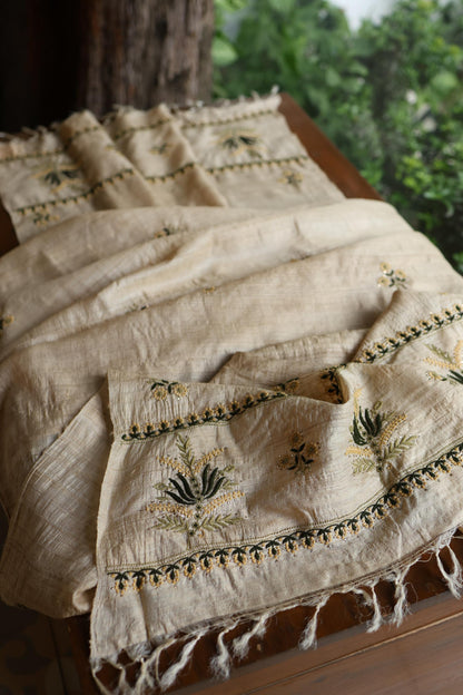 Natural Beige Tussar Silk Chikankari Unstitched Kurta Dupatta Set