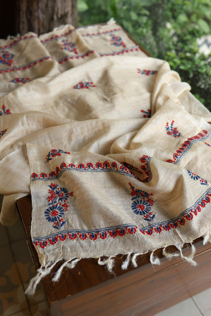 Natural Beige Tussar Silk Chikankari Unstitched Kurta Dupatta Set