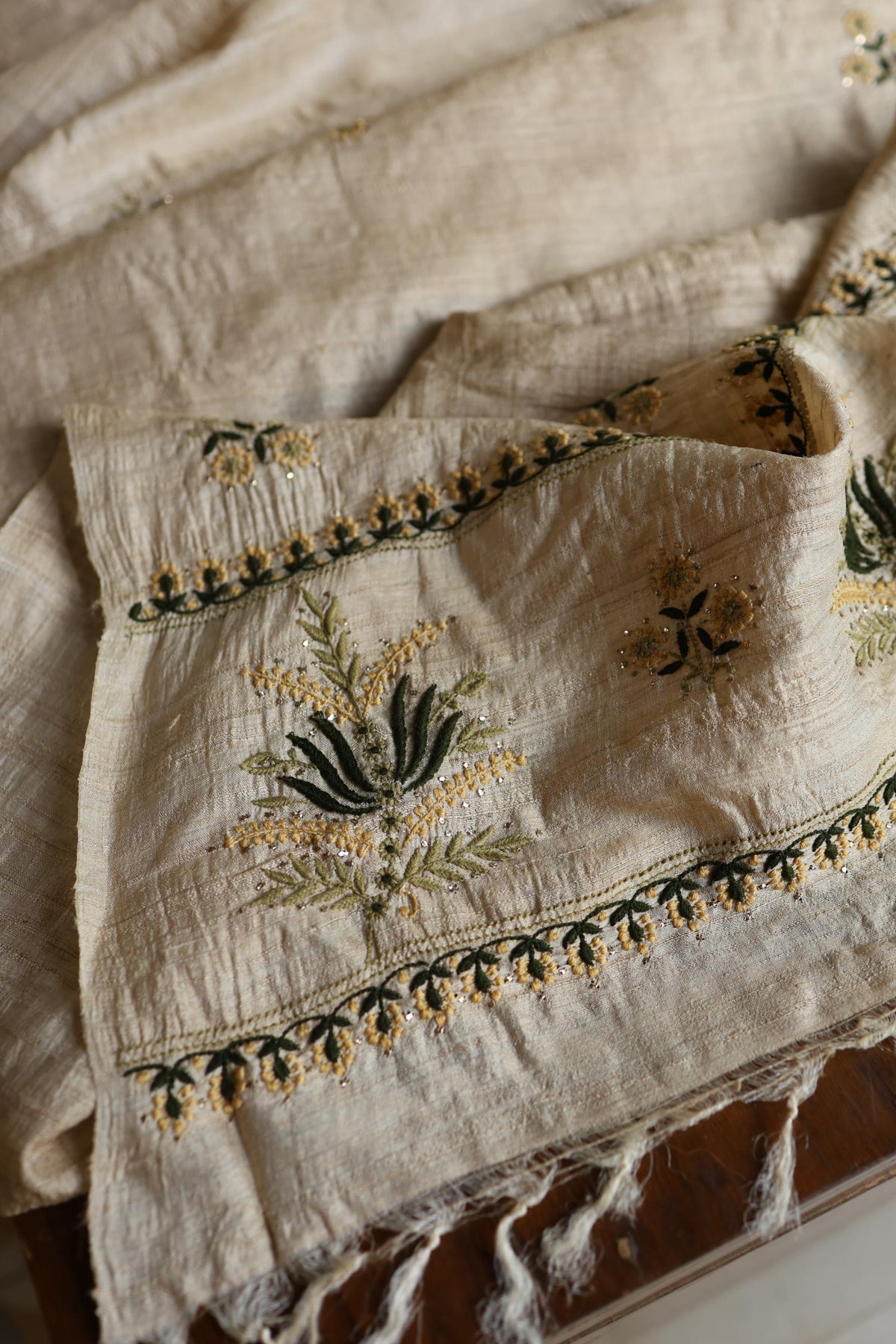 Natural Beige Tussar Silk Chikankari Unstitched Kurta Dupatta Set