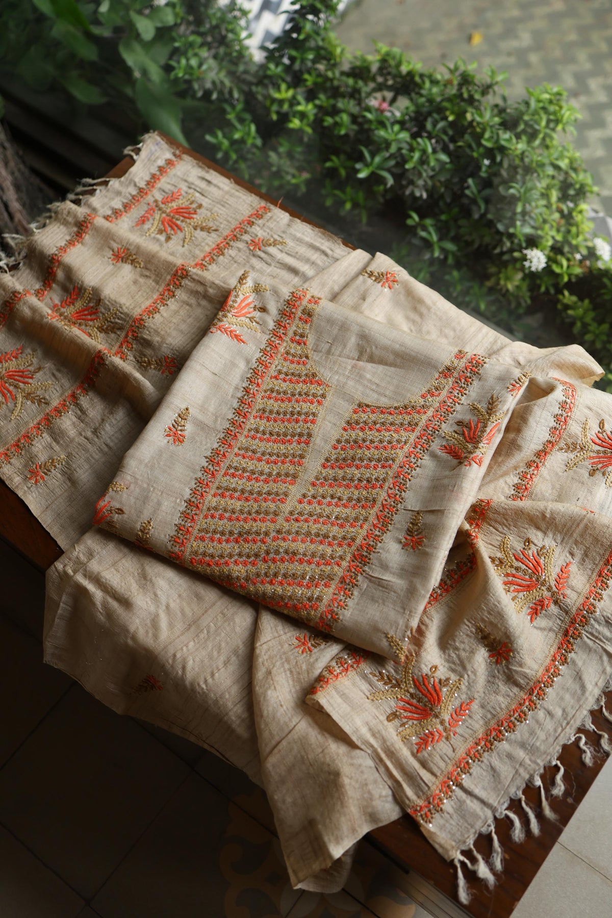 Natural Beige Tussar Silk Chikankari Unstitched Kurta Dupatta Set