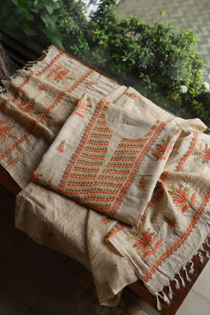 Natural Beige Tussar Silk Chikankari Unstitched Kurta Dupatta Set