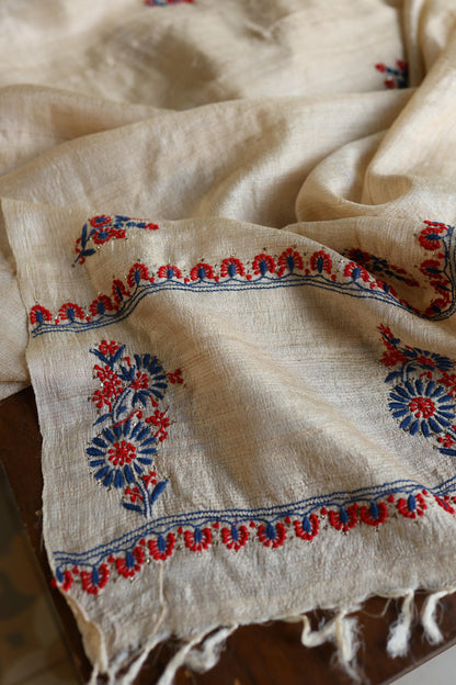 Natural Beige Tussar Silk Chikankari Unstitched Kurta Dupatta Set