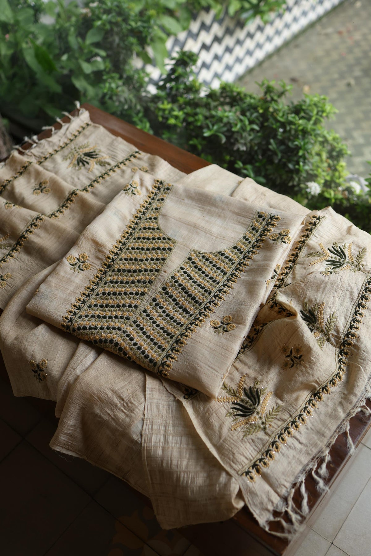 Natural Beige Tussar Silk Chikankari Unstitched Kurta Dupatta Set