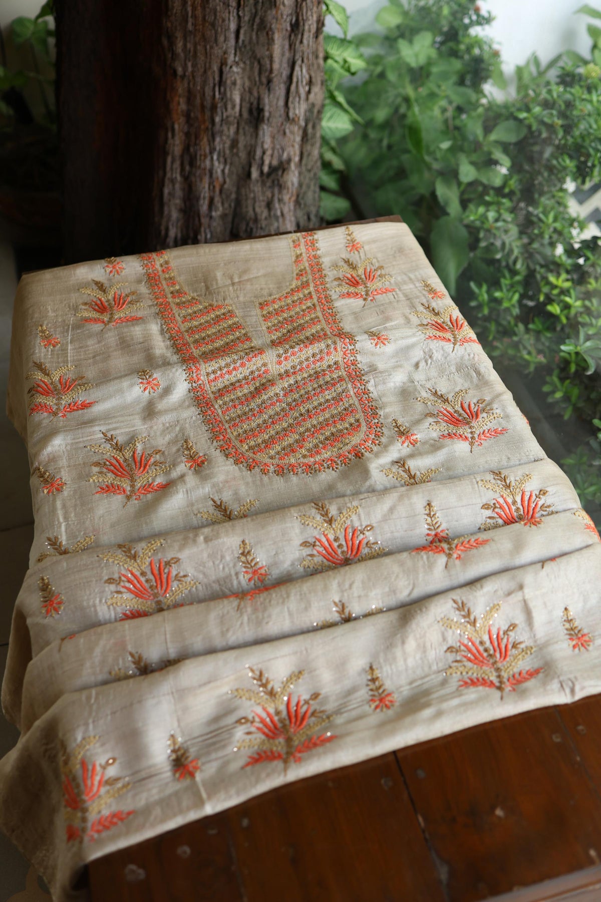 Natural Beige Tussar Silk Chikankari Unstitched Kurta Dupatta Set