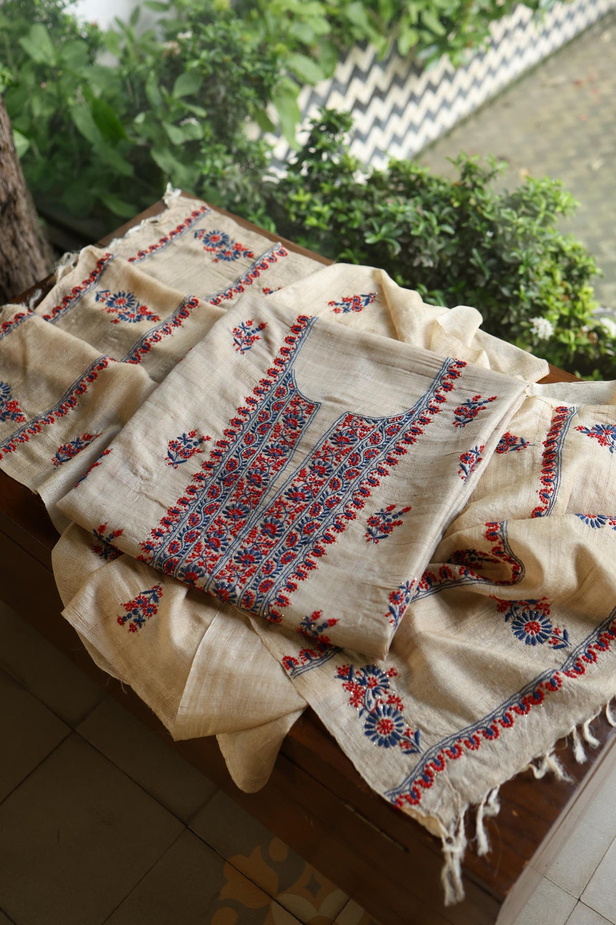 Natural Beige Tussar Silk Chikankari Unstitched Kurta Dupatta Set