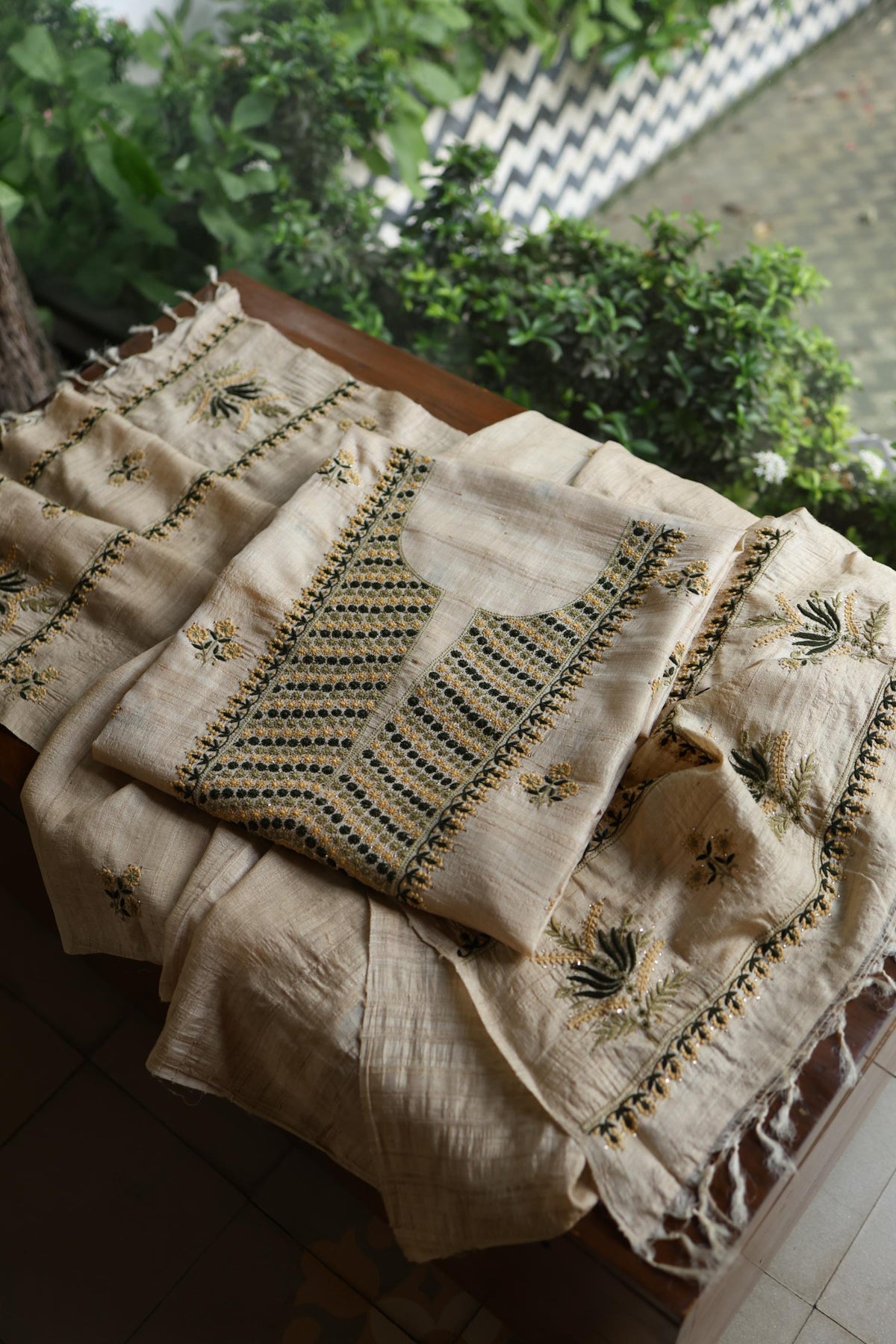 Natural Beige Tussar Silk Chikankari Unstitched Kurta Dupatta Set