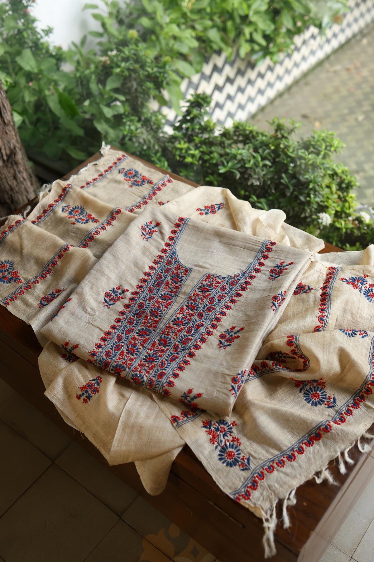 Natural Beige Tussar Silk Chikankari Unstitched Kurta Dupatta Set