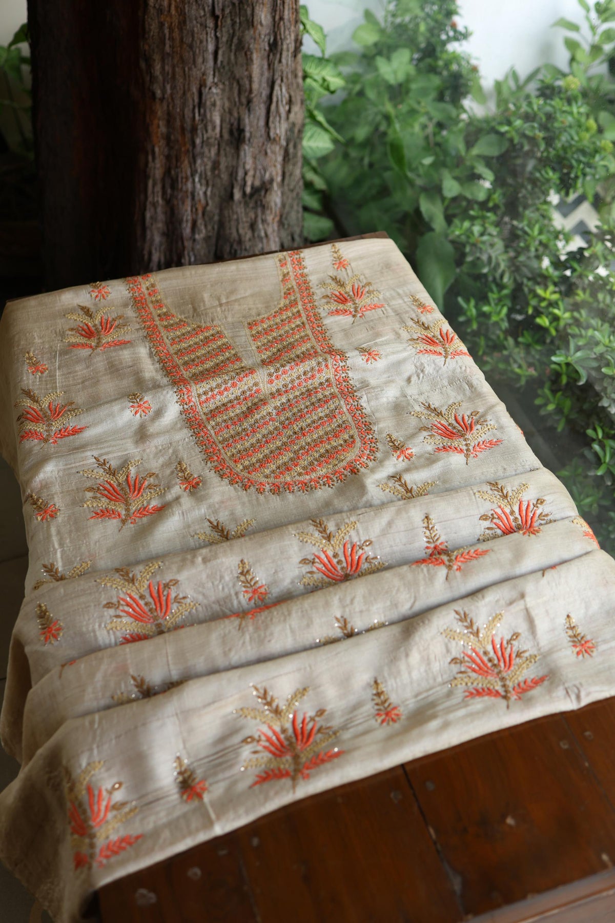 Natural Beige Tussar Silk Chikankari Unstitched Kurta Dupatta Set