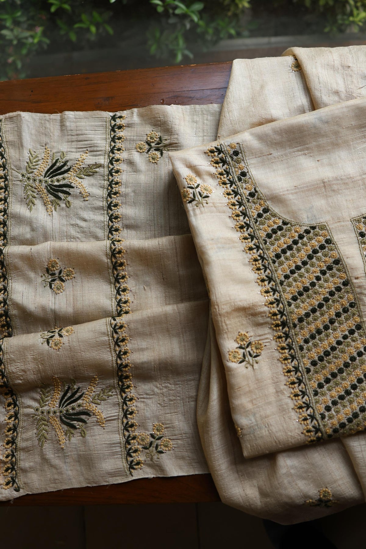 Natural Beige Tussar Silk Chikankari Unstitched Kurta Dupatta Set