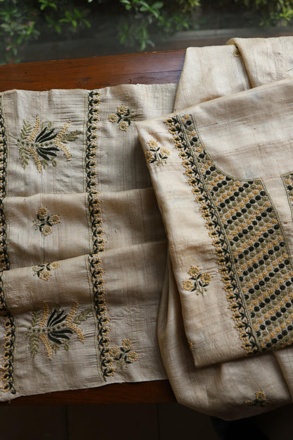 Natural Beige Tussar Silk Chikankari Unstitched Kurta Dupatta Set
