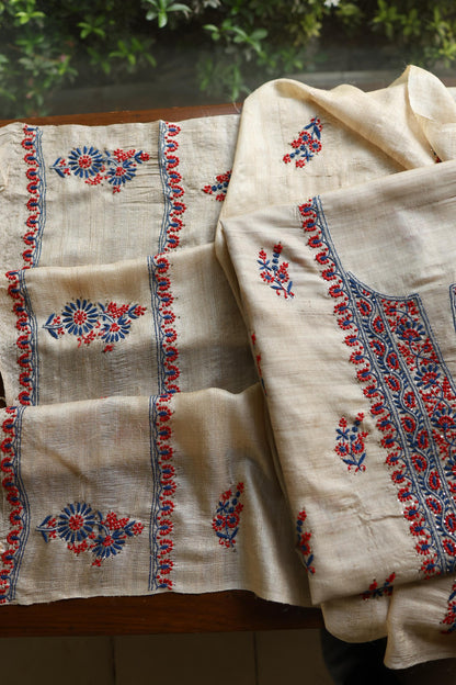 Natural Beige Tussar Silk Chikankari Unstitched Kurta Dupatta Set
