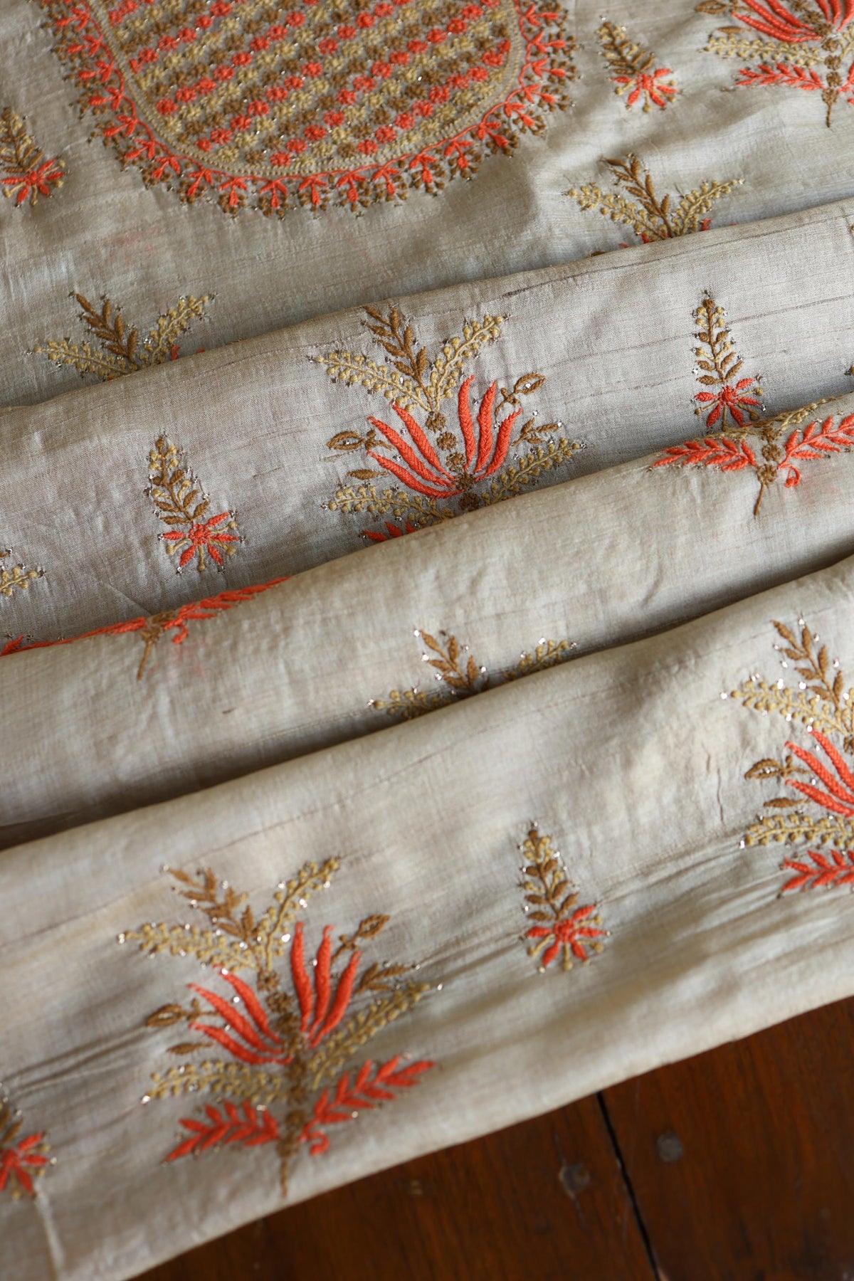 Natural Beige Tussar Silk Chikankari Unstitched Kurta Dupatta Set