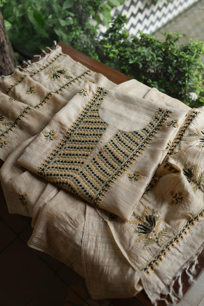Natural Beige Tussar Silk Chikankari Unstitched Kurta Dupatta Set