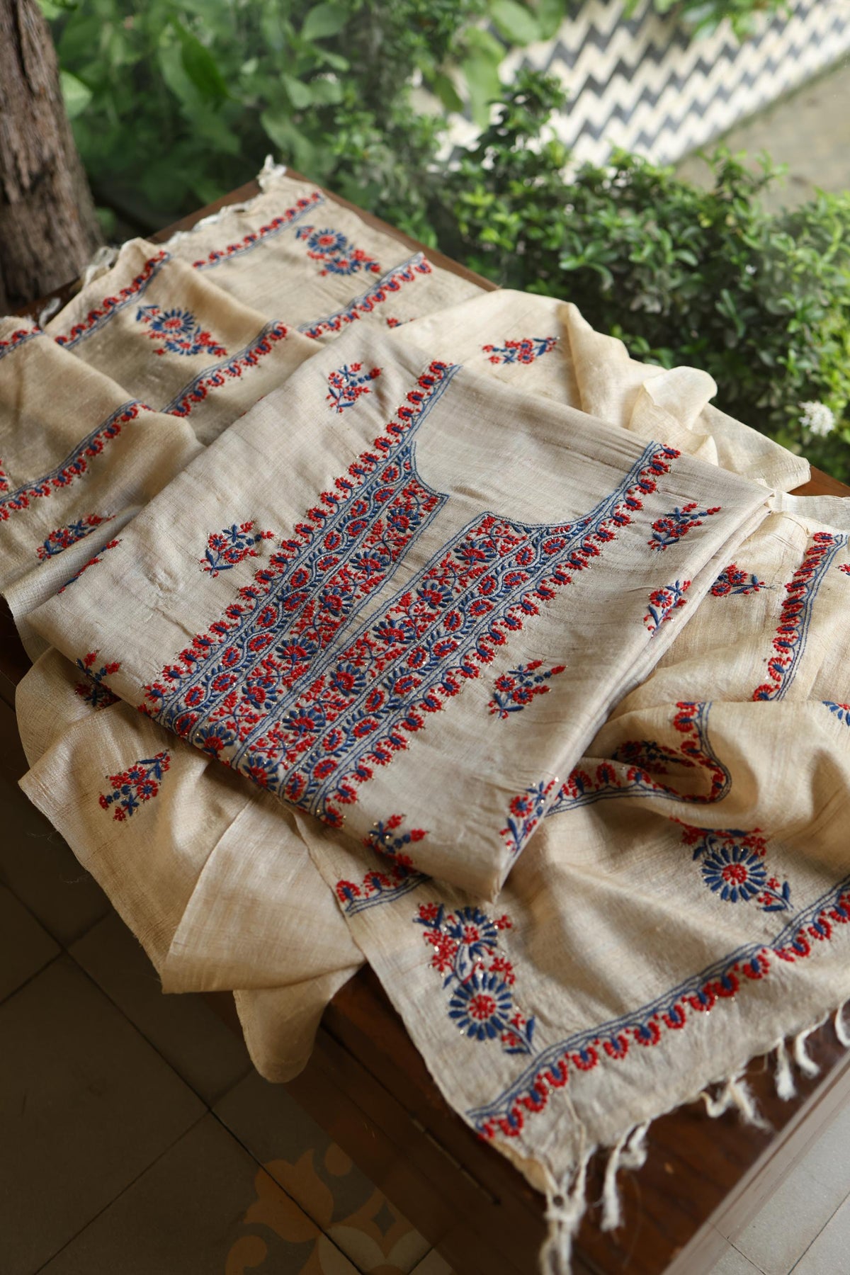 Natural Beige Tussar Silk Chikankari Unstitched Kurta Dupatta Set