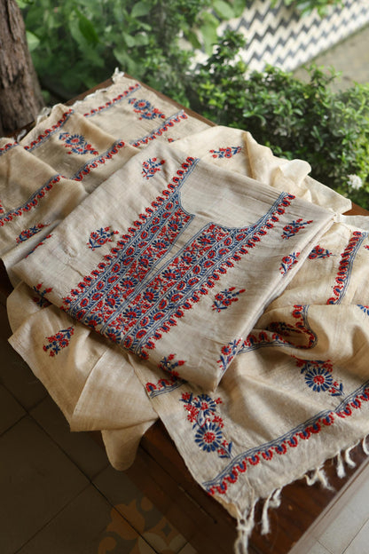 Natural Beige Tussar Silk Chikankari Unstitched Kurta Dupatta Set