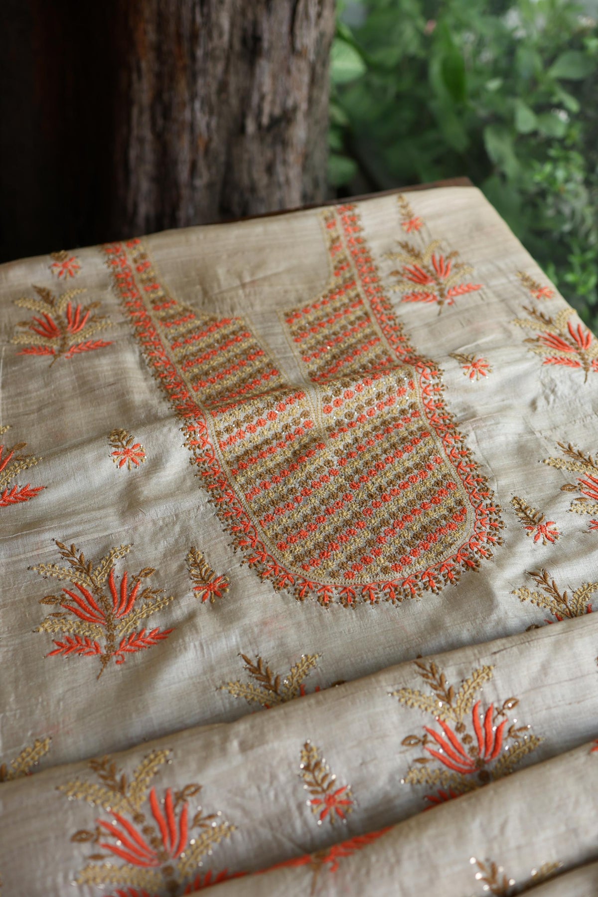 Natural Beige Tussar Silk Chikankari Unstitched Kurta Dupatta Set