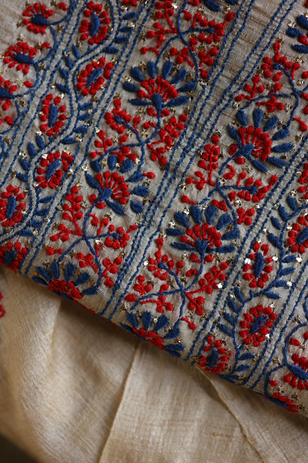 Natural Beige Tussar Silk Chikankari Unstitched Kurta Dupatta Set