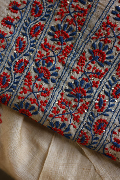 Natural Beige Tussar Silk Chikankari Unstitched Kurta Dupatta Set