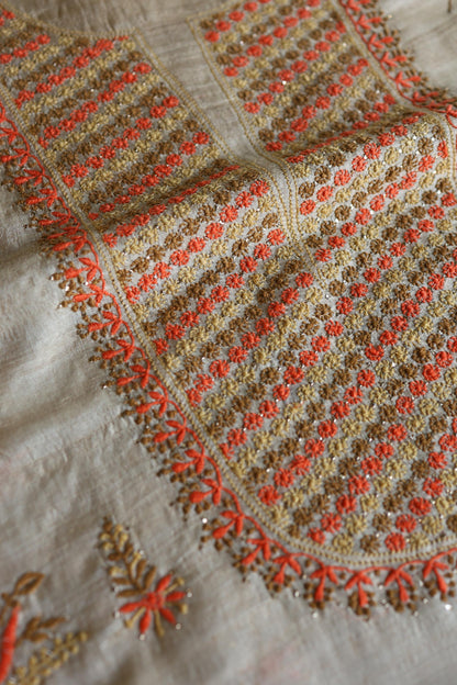 Natural Beige Tussar Silk Chikankari Unstitched Kurta Dupatta Set