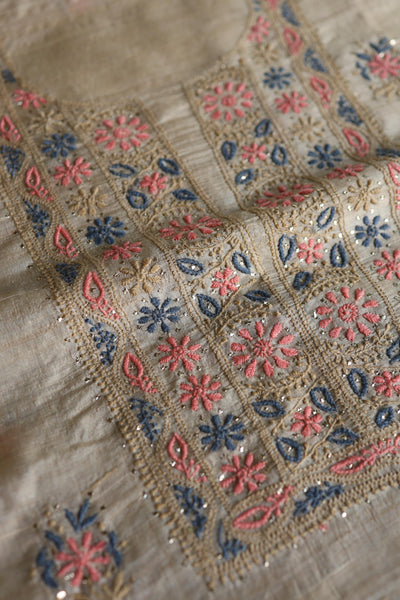 Natural Beige Tussar Silk Chikankari & Mukaish Kamdani Unstitched Kurta Dupatta Set