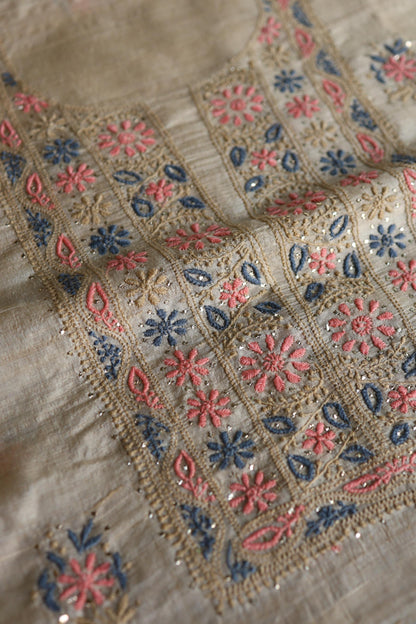 Natural Beige Tussar Silk Chikankari & Mukaish Kamdani Unstitched Kurta Dupatta Set
