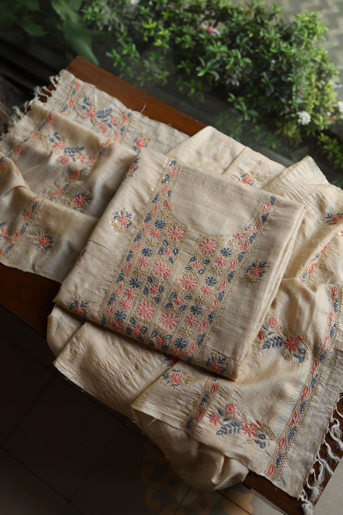 Natural Beige Tussar Silk Chikankari & Mukaish Kamdani Unstitched Kurta Dupatta Set