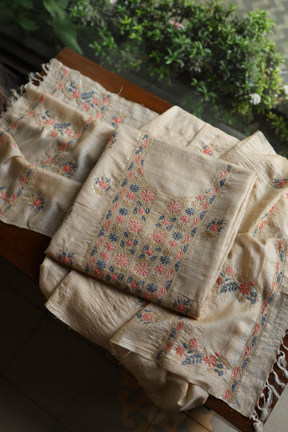 Natural Beige Tussar Silk Chikankari & Mukaish Kamdani Unstitched Kurta Dupatta Set