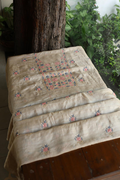 Natural Beige Tussar Silk Chikankari & Mukaish Kamdani Unstitched Kurta Dupatta Set