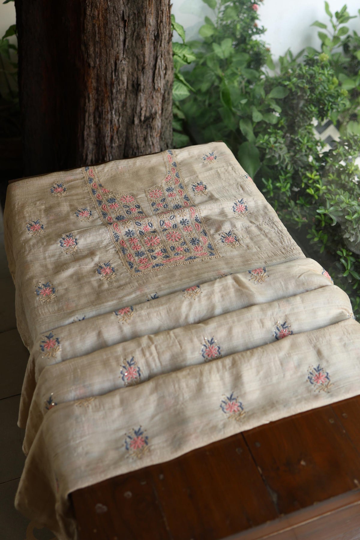 Natural Beige Tussar Silk Chikankari & Mukaish Kamdani Unstitched Kurta Dupatta Set