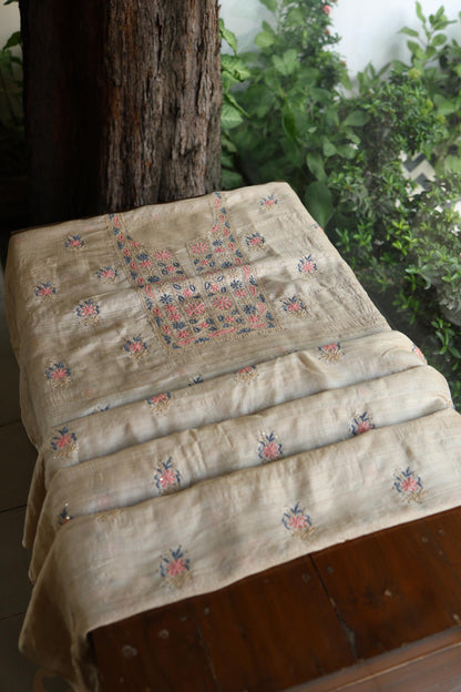 Natural Beige Tussar Silk Chikankari & Mukaish Kamdani Unstitched Kurta Dupatta Set
