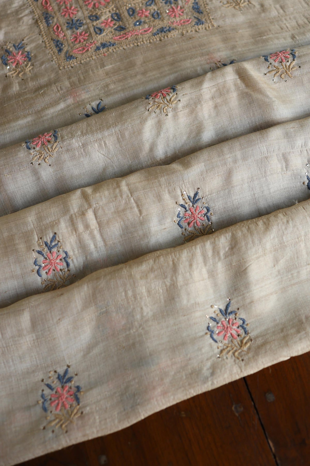 Natural Beige Tussar Silk Chikankari & Mukaish Kamdani Unstitched Kurta Dupatta Set