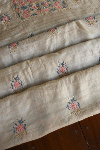 Natural Beige Tussar Silk Chikankari & Mukaish Kamdani Unstitched Kurta Dupatta Set
