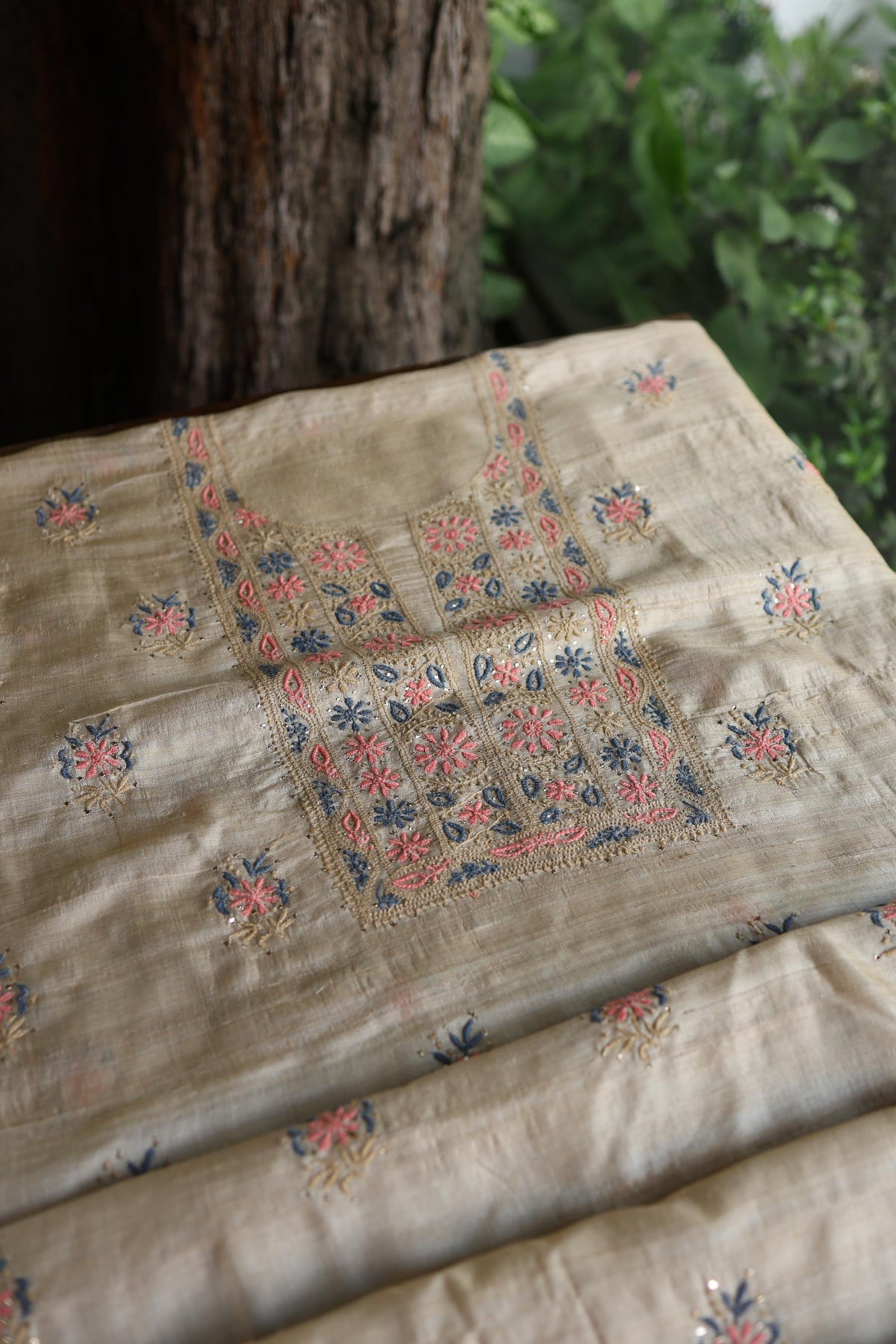 Natural Beige Tussar Silk Chikankari & Mukaish Kamdani Unstitched Kurta Dupatta Set