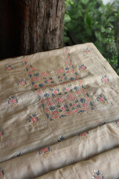 Natural Beige Tussar Silk Chikankari & Mukaish Kamdani Unstitched Kurta Dupatta Set