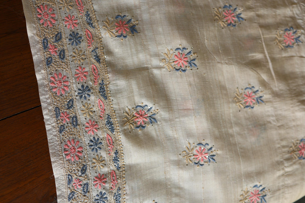 Natural Beige Tussar Silk Chikankari & Mukaish Kamdani Unstitched Kurta Dupatta Set