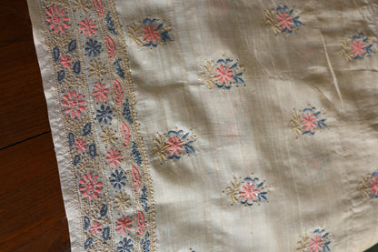 Natural Beige Tussar Silk Chikankari & Mukaish Kamdani Unstitched Kurta Dupatta Set